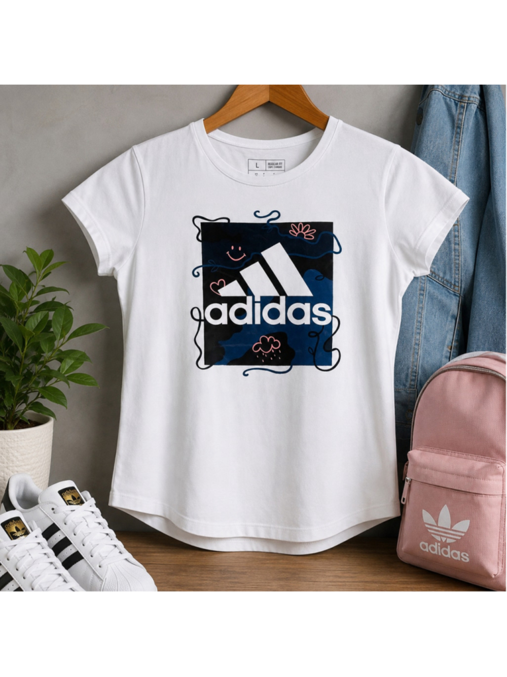 Girls Adidas Graphic Short Sleeve Tee, Size L, White and Blue